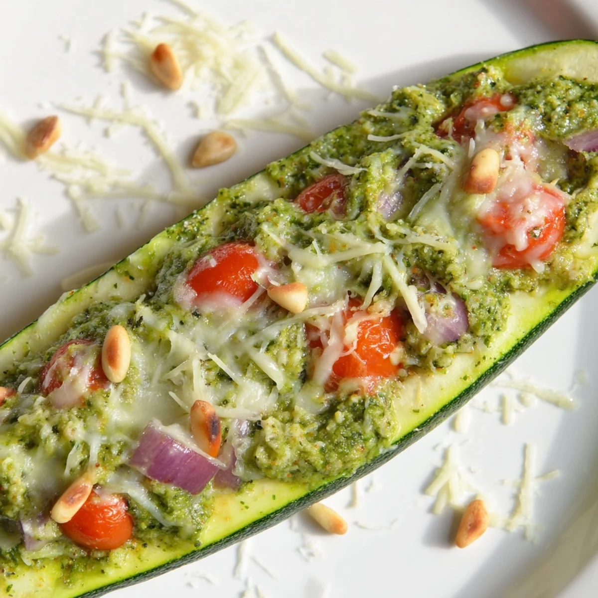 A close-up shot of baked cheesy pesto zucchini boats, brimming with colorful vegetables and melted cheese.