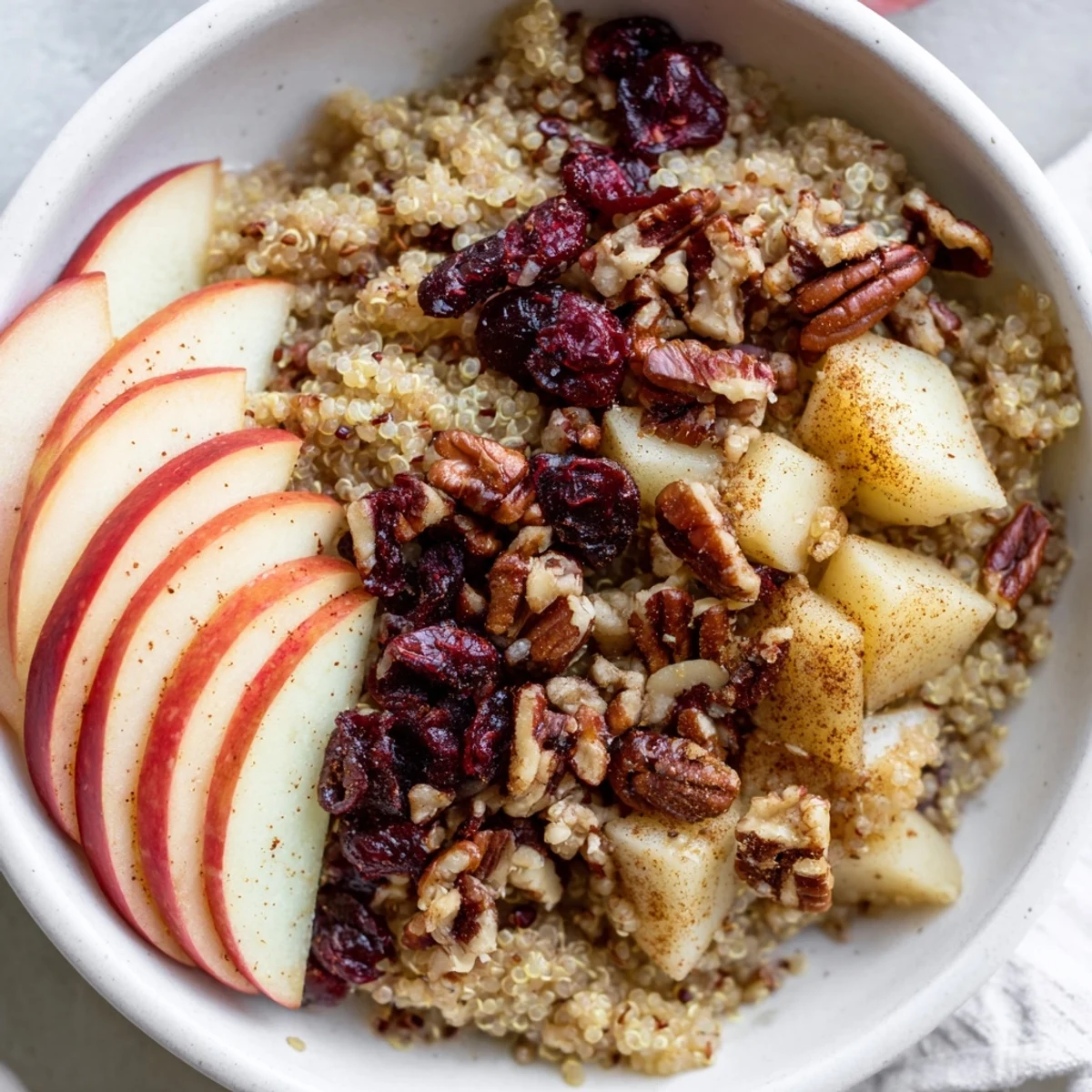 Fluffy Apple Cinnamon Quinoa Bowl, with sweet apples, warm spices, and a drizzle of maple syrup.