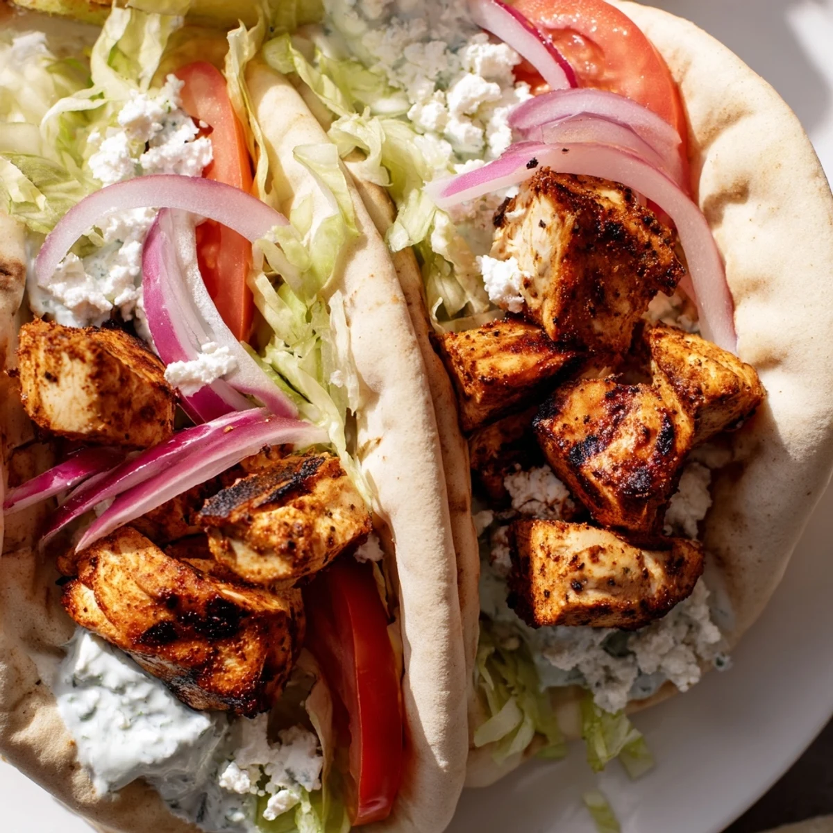 Homemade tzatziki sauce drizzles over the flavorful chicken souvlaki, a delicious Greek wrap.
