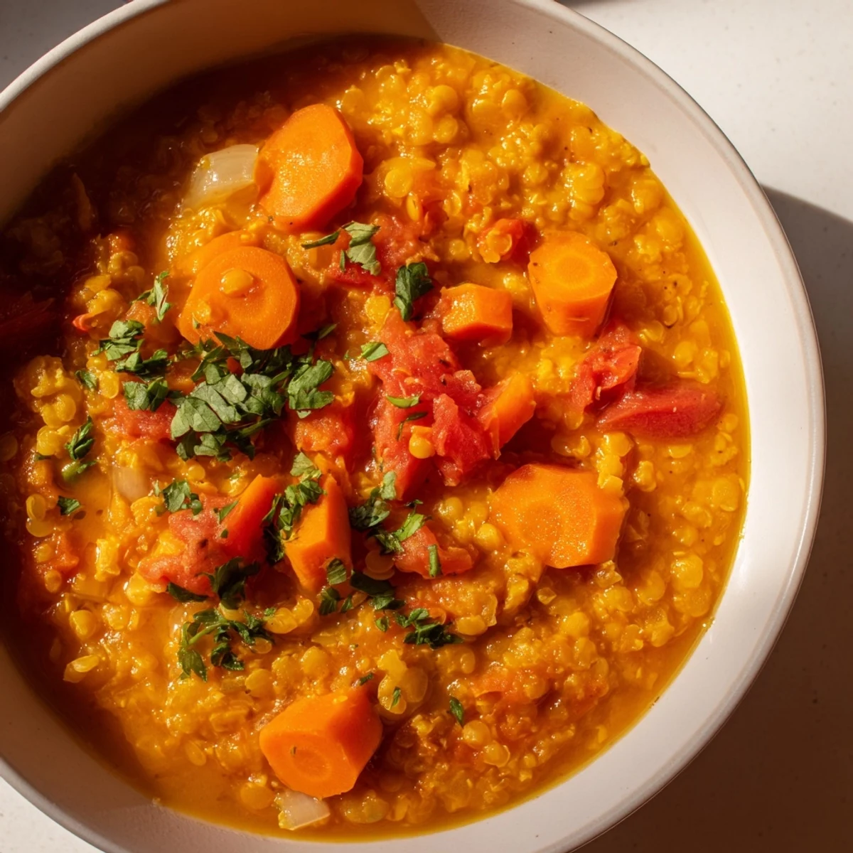 Steaming bowl of Spiced Carrot Lentil Soup, garnished with cilantro, ready for a delicious, warm meal.
