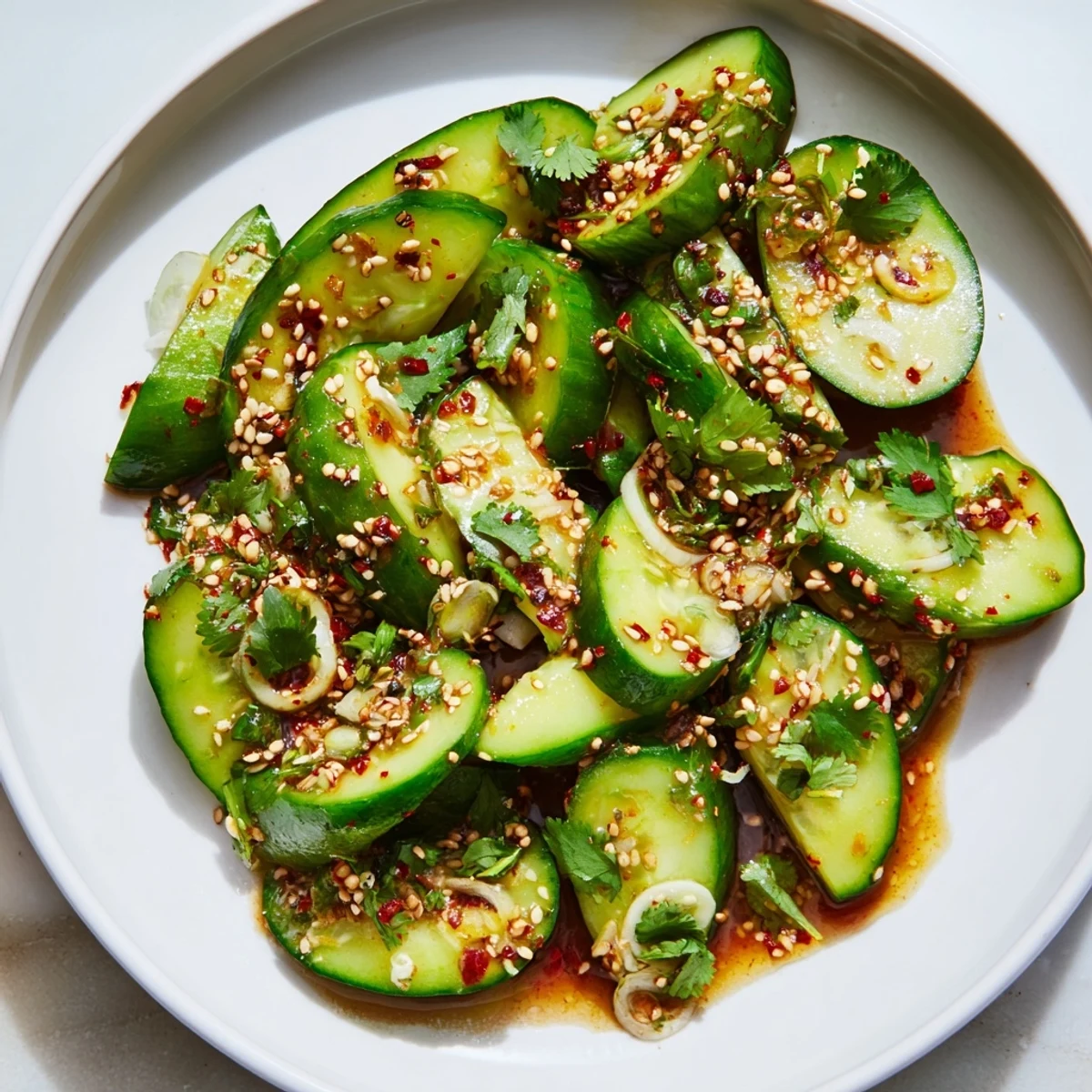 Close-up of a refreshing, Asian-inspired Zesty Shake Cucumber Salad, ready to serve with sesame seeds.