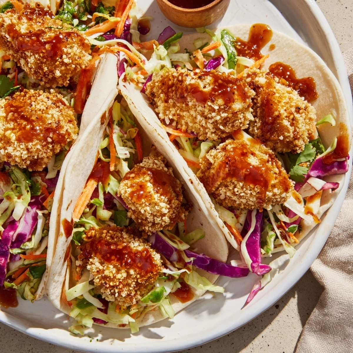 Golden-brown Hot Honey Chicken Tacos with a drizzle of spicy honey, fresh cilantro, and lime wedges.