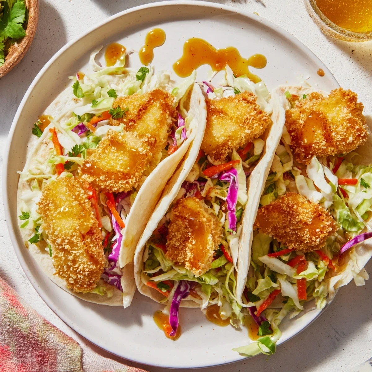 Close-up of crispy fried Hot Honey Chicken Tacos with tangy slaw for a flavorful bite.