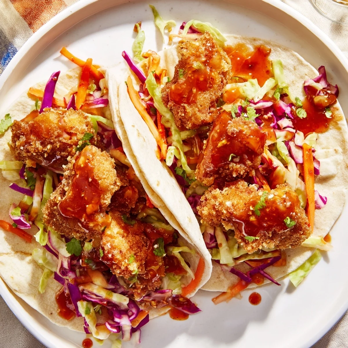 Warm tortillas overflowing with juicy Hot Honey Chicken Tacos, drizzled with sweet and spicy honey.