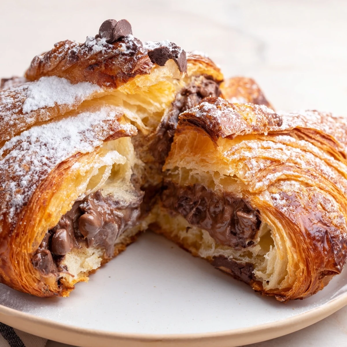 Warm, golden Cookie Croissant, a delicious pastry with melted chocolate chip cookie dough.