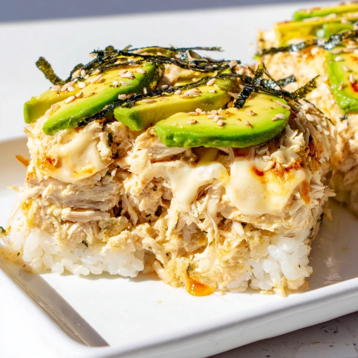 Golden-brown Chicken Sushi Bake, a creamy casserole perfect with avocado and nori sheets.