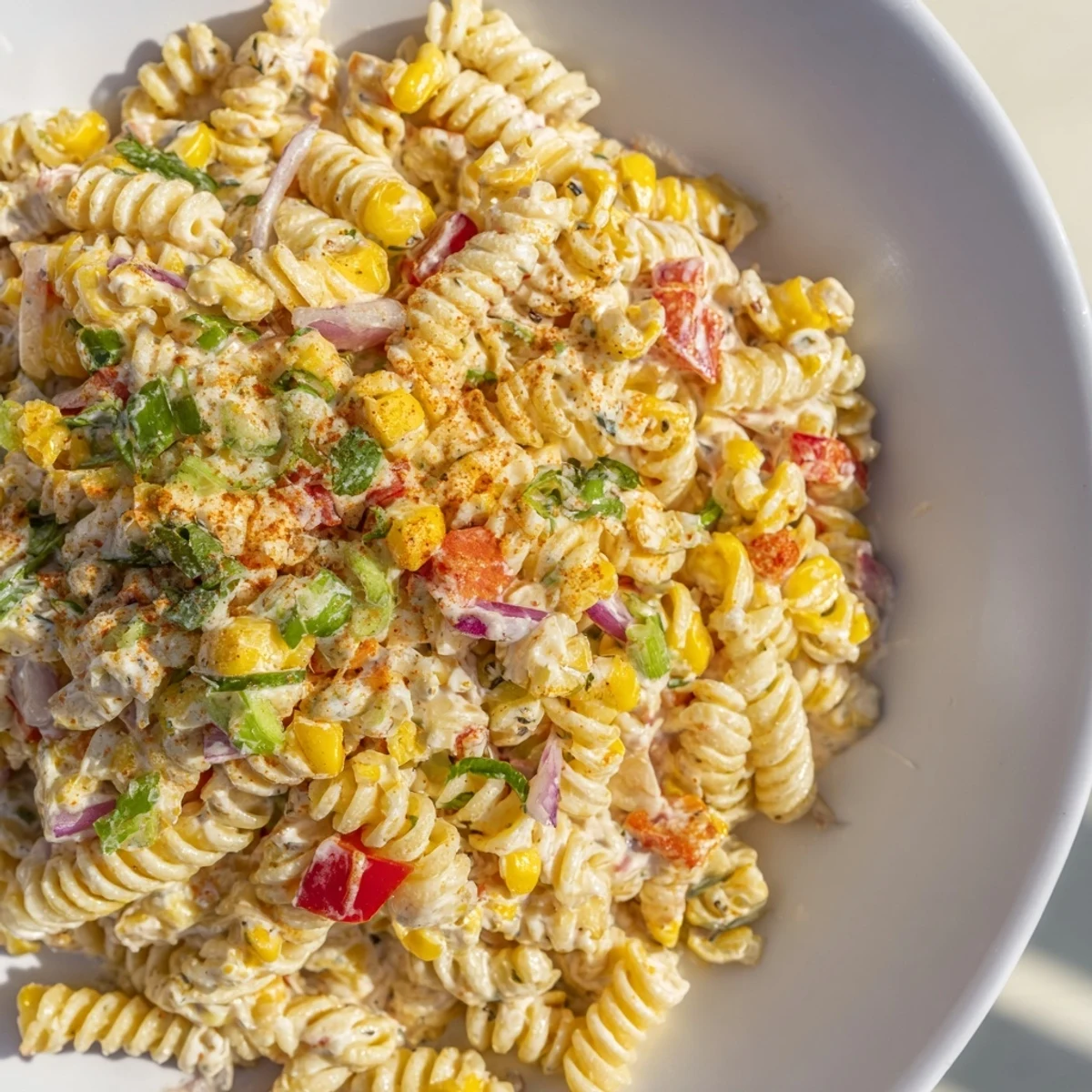 A colorful bowl of Mexican Street Corn Pasta, perfect for a summer side dish.