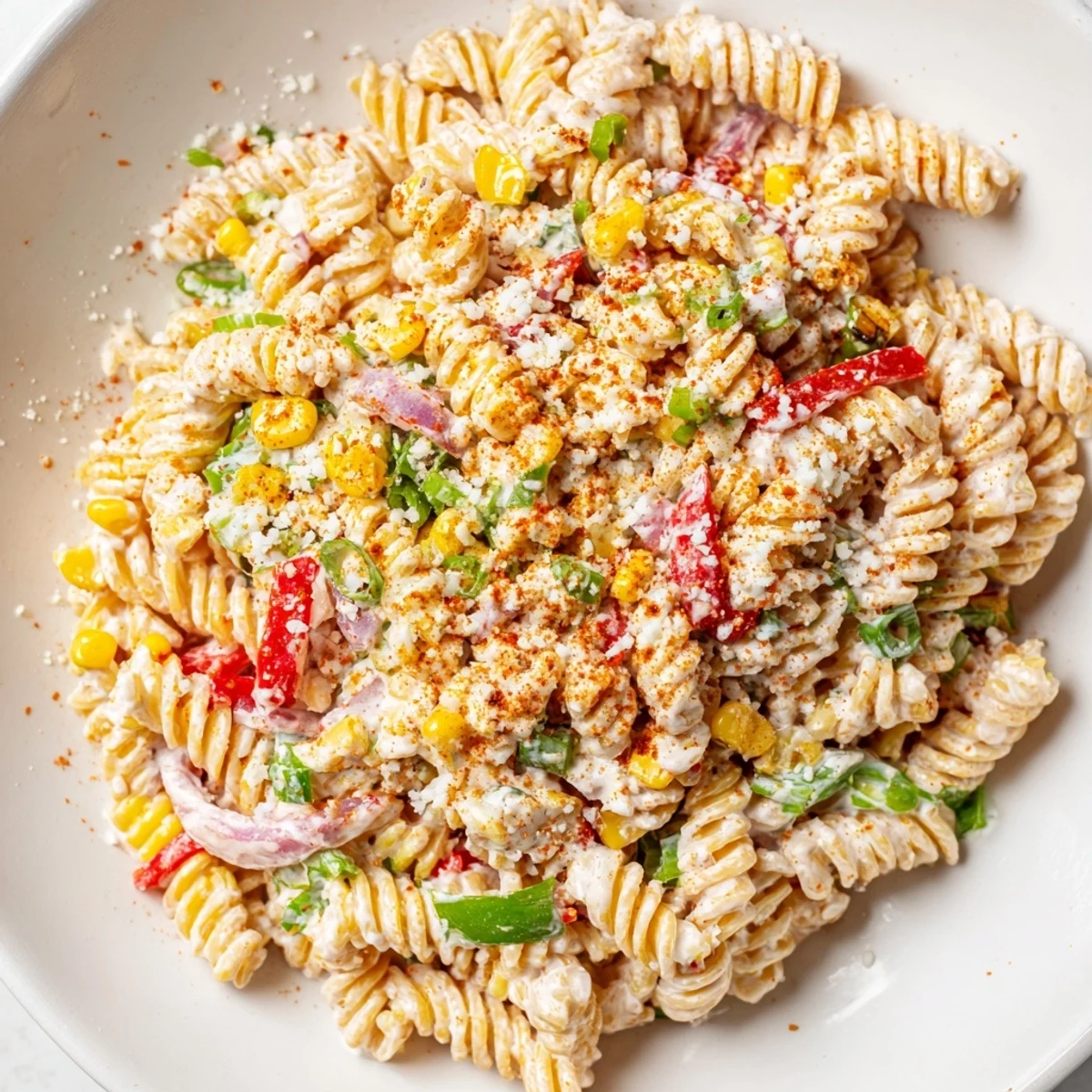Chilled Mexican Street Corn Pasta salad topped with fresh cilantro, ready to serve and enjoy.