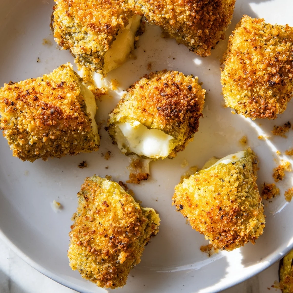 Melted cheese surrounds tangy dill pickles in these irresistible deep-fried Crispy Chickle Bites.