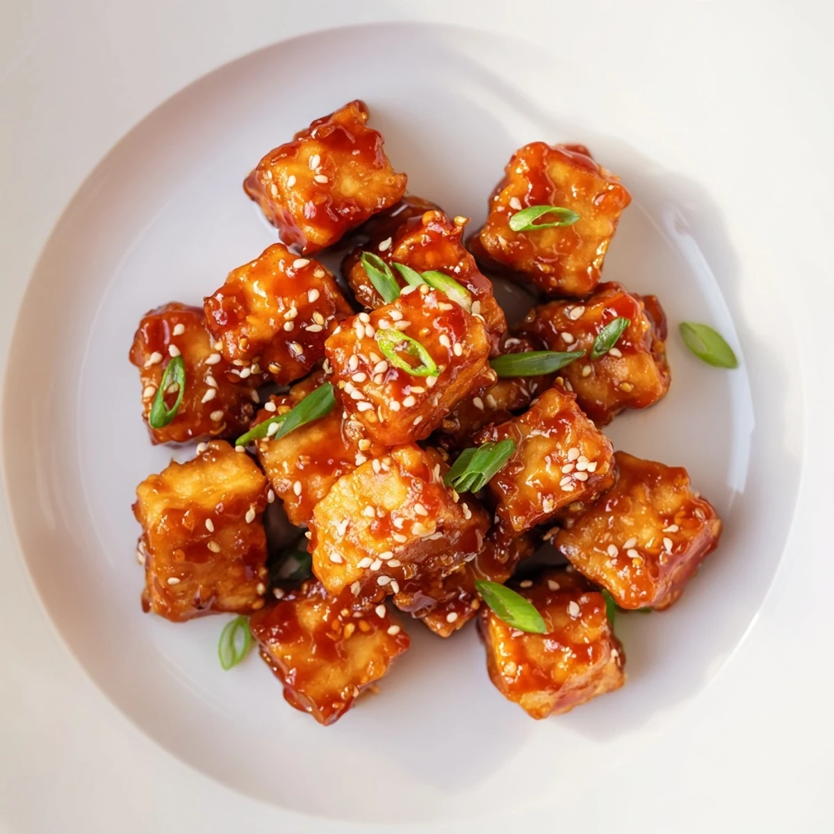 Golden-brown Honey Gochujang Tofu glistening with a sweet and spicy sauce, ready to serve.