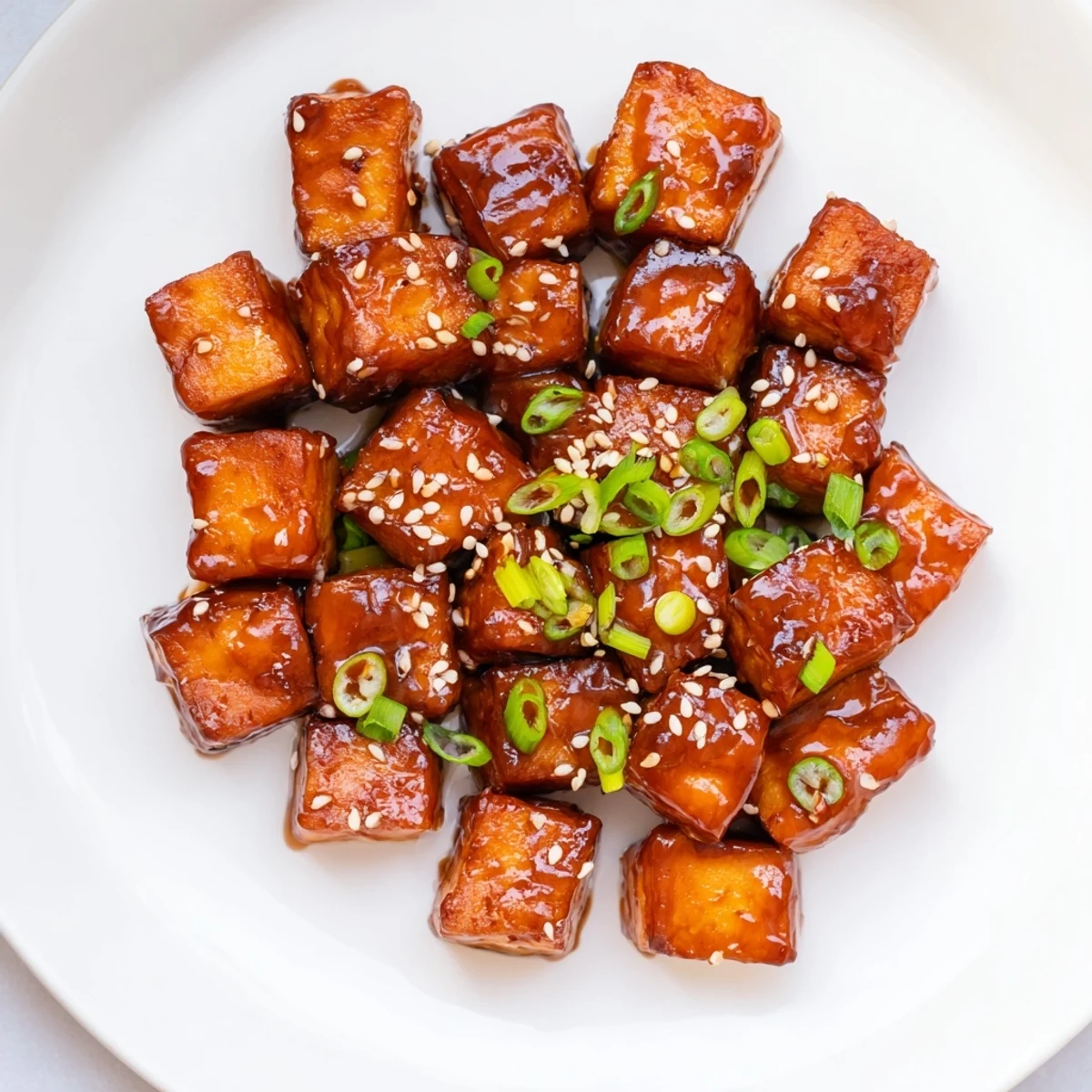 This warm photo shows flavorful Honey Gochujang Tofu, sprinkled with sesame seeds, ready to eat!