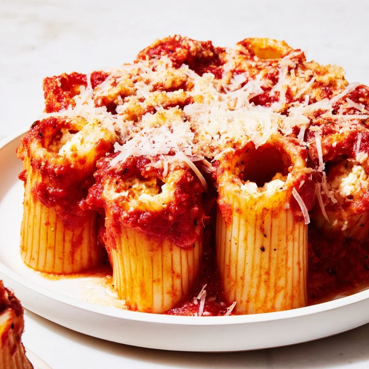 Upright rigatoni tubes in a stunning honeycomb pasta bake, overflowing with cheesy goodness and sauce.