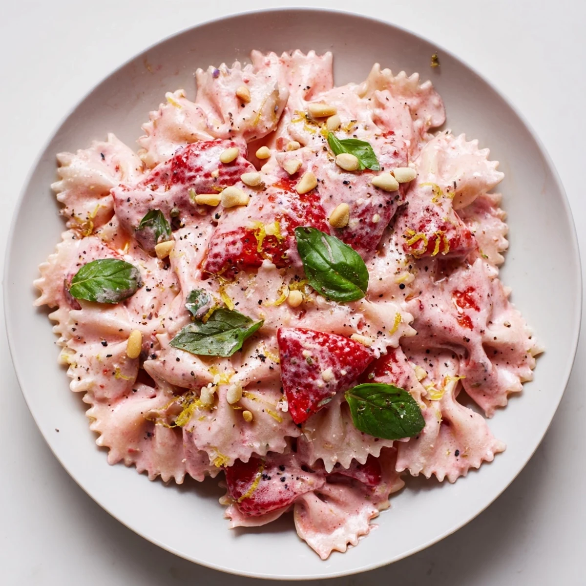 Vibrant photo of Strawberry Sour Cream Pasta, creamy pink sauce coating perfectly cooked farfalle, garnished with fresh basil.