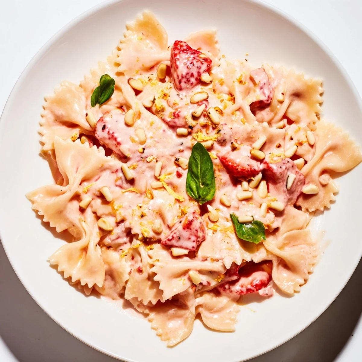 Close-up shot of the finished Strawberry Sour Cream Pasta, showcasing juicy strawberries and inviting, fresh flavors.