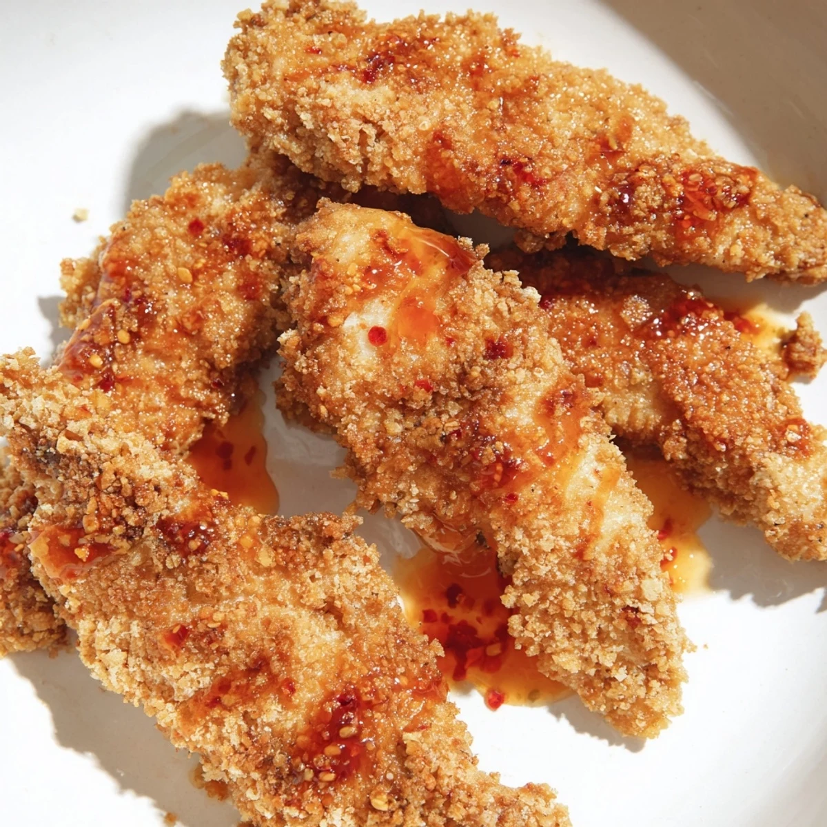 Golden-brown crispy panko chicken tenders drizzled with fiery hot honey, ready to savor.