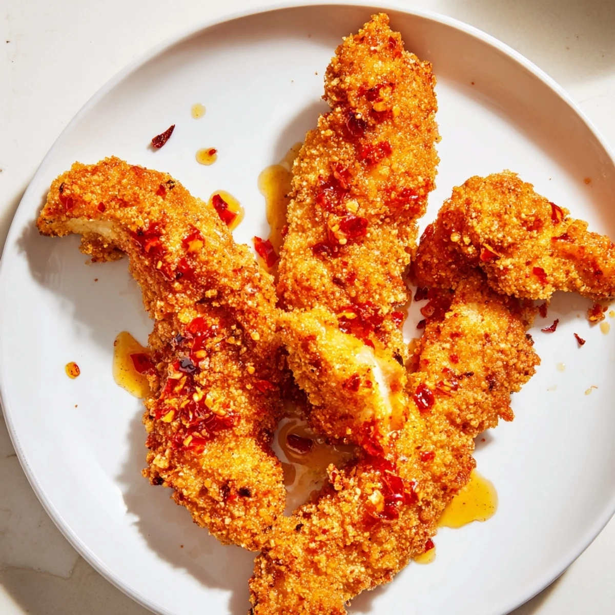 Plump and juicy crispy panko chicken tenders, a delightful contrast with spicy hot honey glaze.