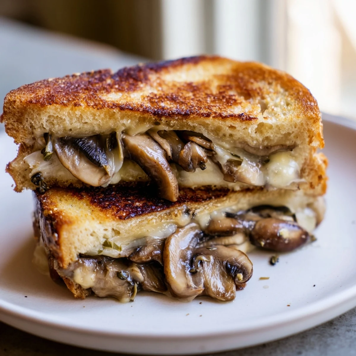 Golden, gooey Creamy Mushroom Grilled Cheese sandwich, sliced in half, ready to enjoy with a melty center.