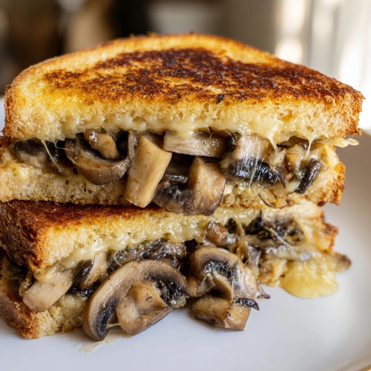 A close-up view of the rich, comforting Creamy Mushroom Grilled Cheese, showcasing the crispy bread texture.