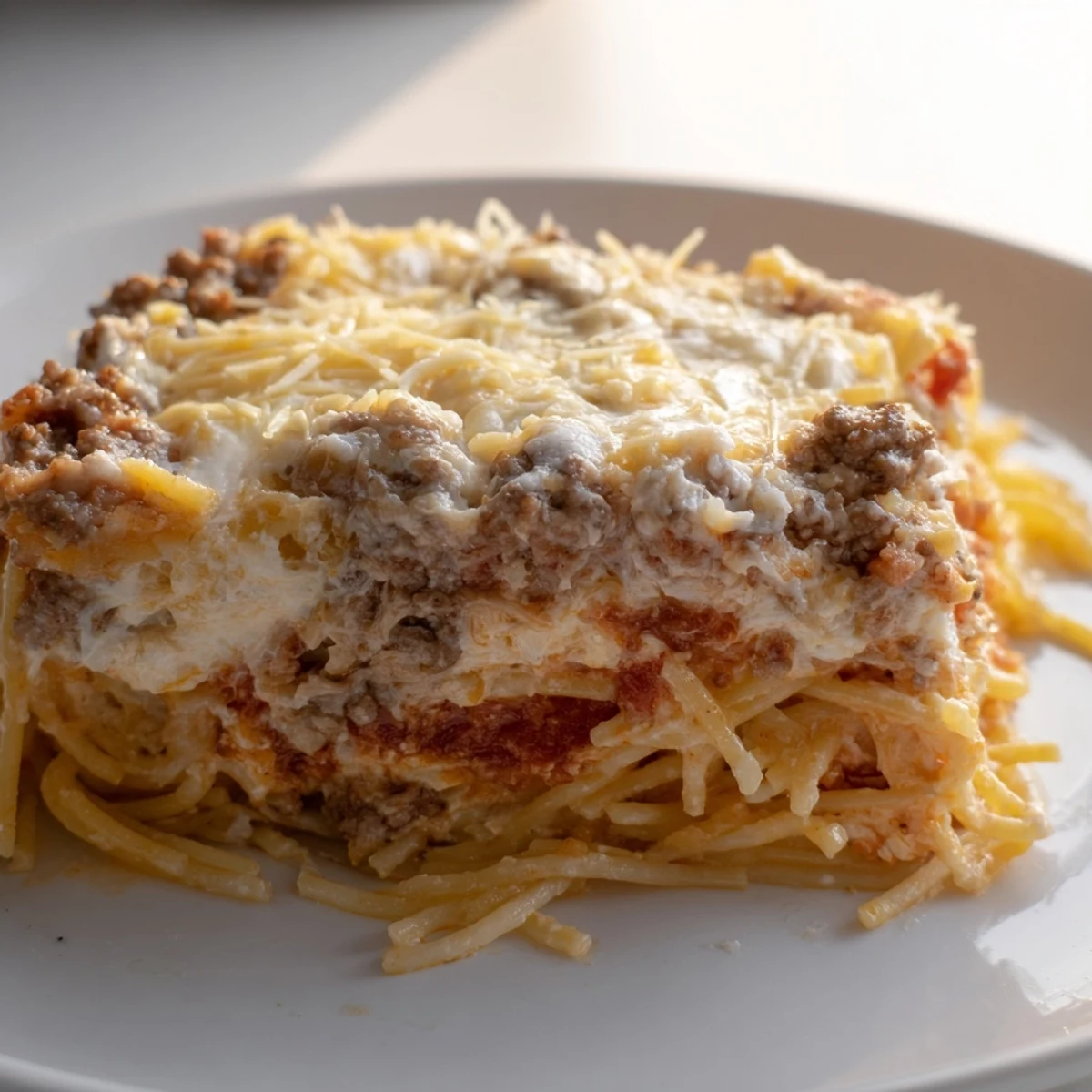 Close-up shot shows steaming, cheesy Million Dollar Spaghetti bubbling and ready to serve for dinner.