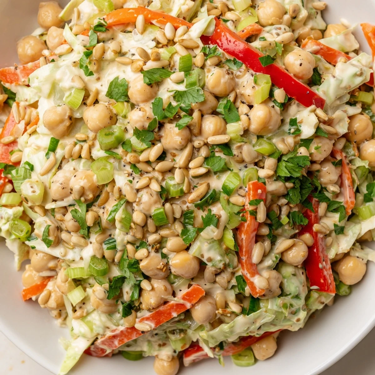 Fiber-Forward Chickpea Salad: A vibrant mix of chickpeas and crisp veggies, coated in a creamy tahini dressing.