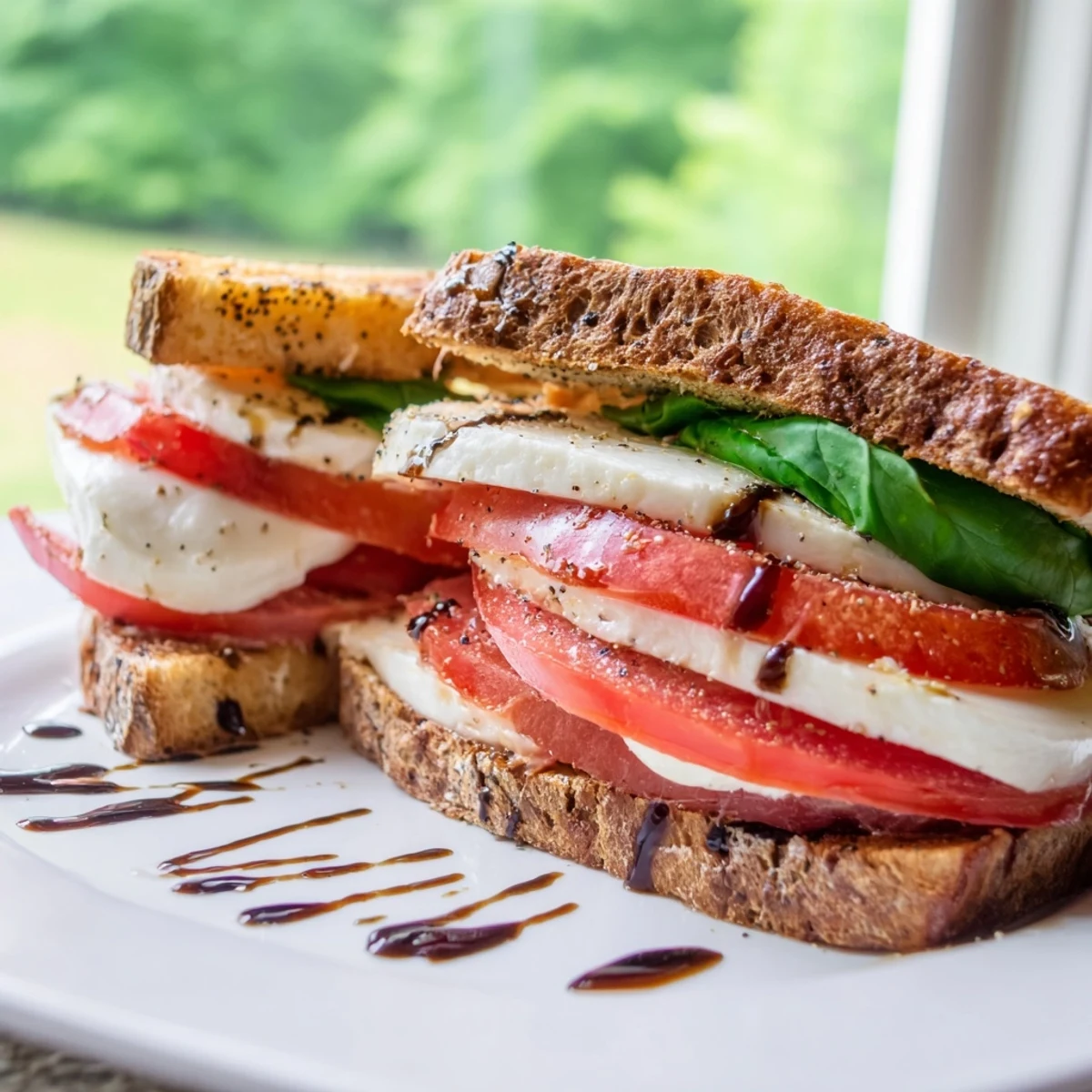Golden-brown Caprese Salad Grilled Cheese with melted mozzarella and fresh tomato slices.