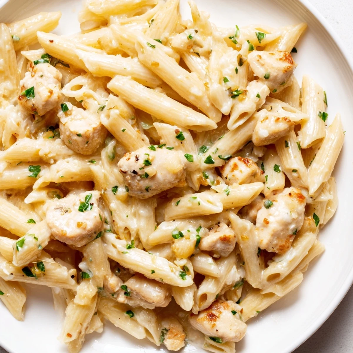 Quick Garlic Parmesan Chicken Pasta, a creamy, golden dish with tender chicken and pasta visible.