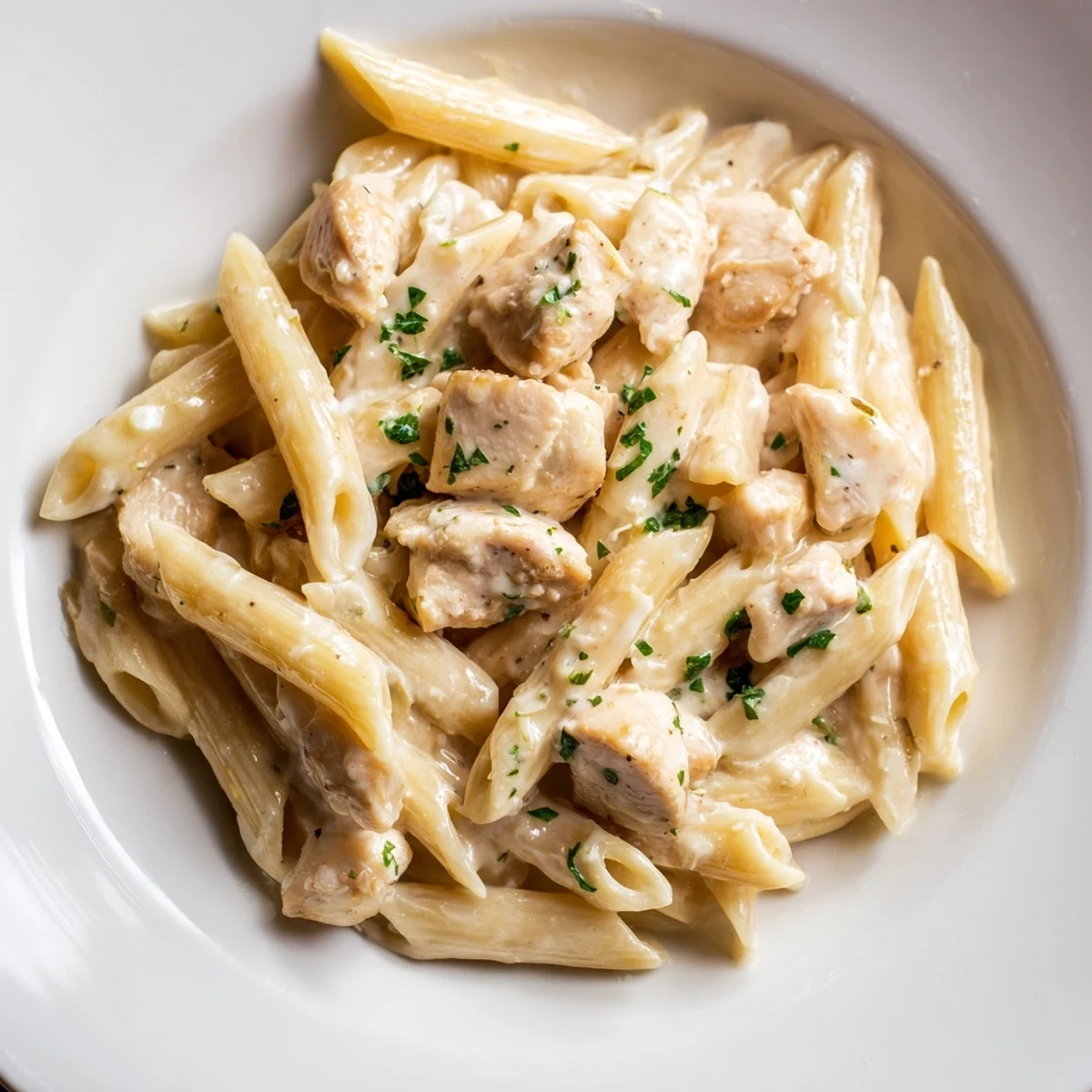 Steaming Quick Garlic Parmesan Chicken Pasta, with parsley garnish, ready to serve for a comforting meal.