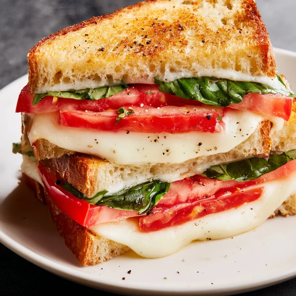 A close-up of a perfectly grilled Tomato Basil Grilled Cheese, showing the gooey cheese and tomato slices.