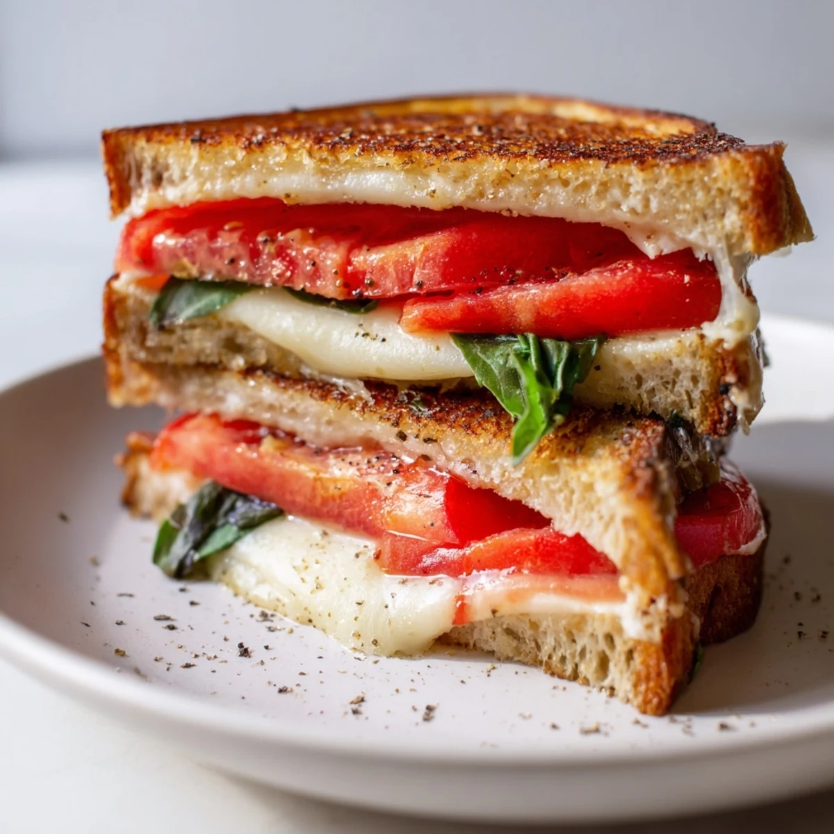 Enjoy a taste of this classic American comfort food: a warm and flavorful Tomato Basil Grilled Cheese sandwich.