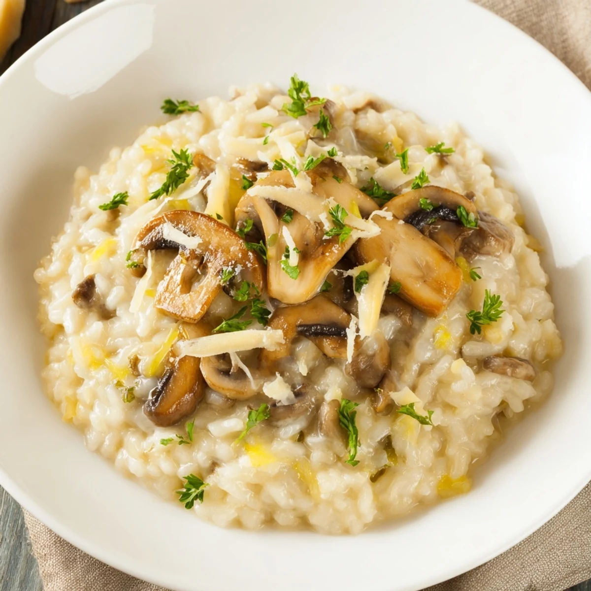 Savory risotto with mushrooms, visually stunning, with perfectly cooked Arborio rice and tender mushrooms.