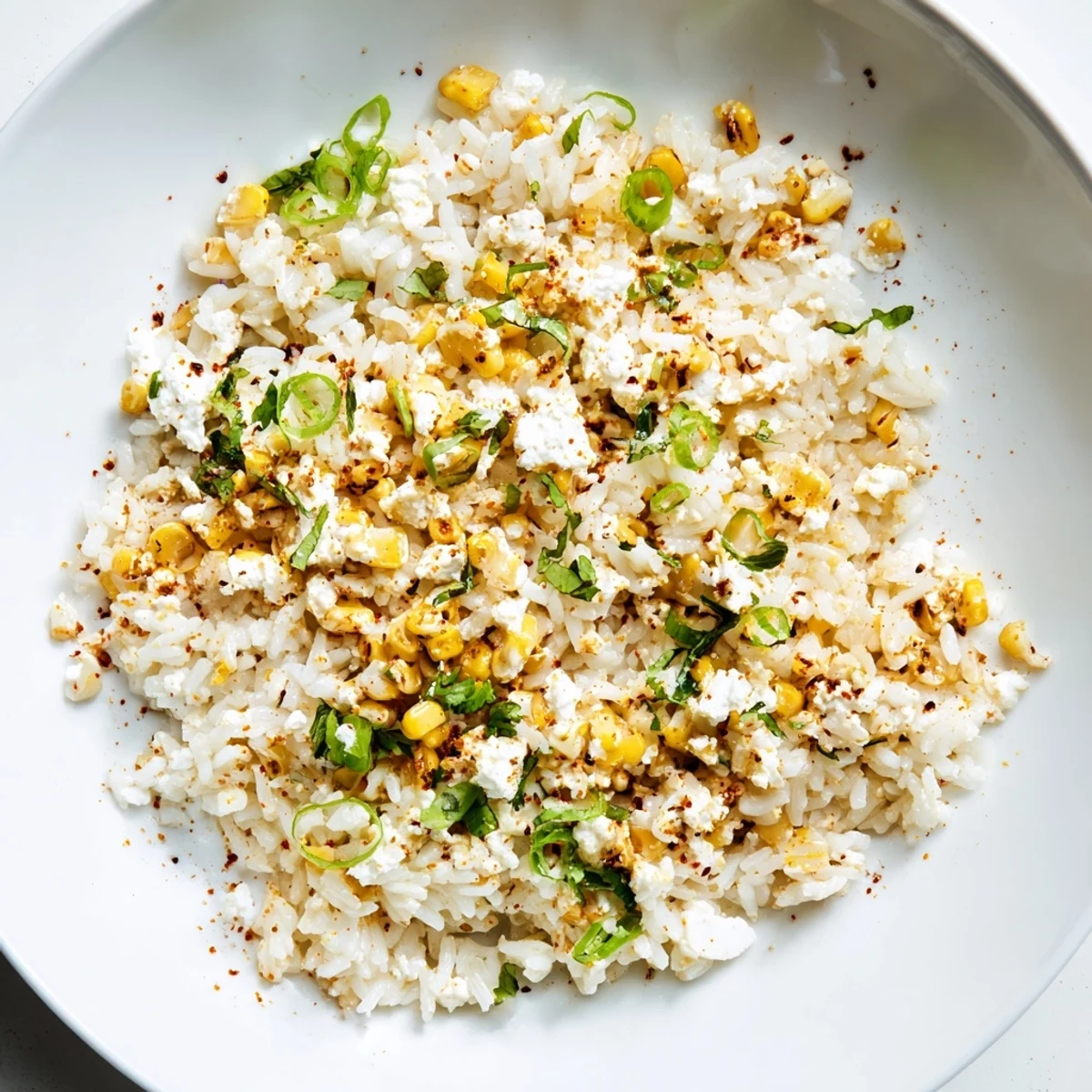 Bright image: creamy Mexican Street Corn Rice with charred corn and crumbled cotija cheese visible.