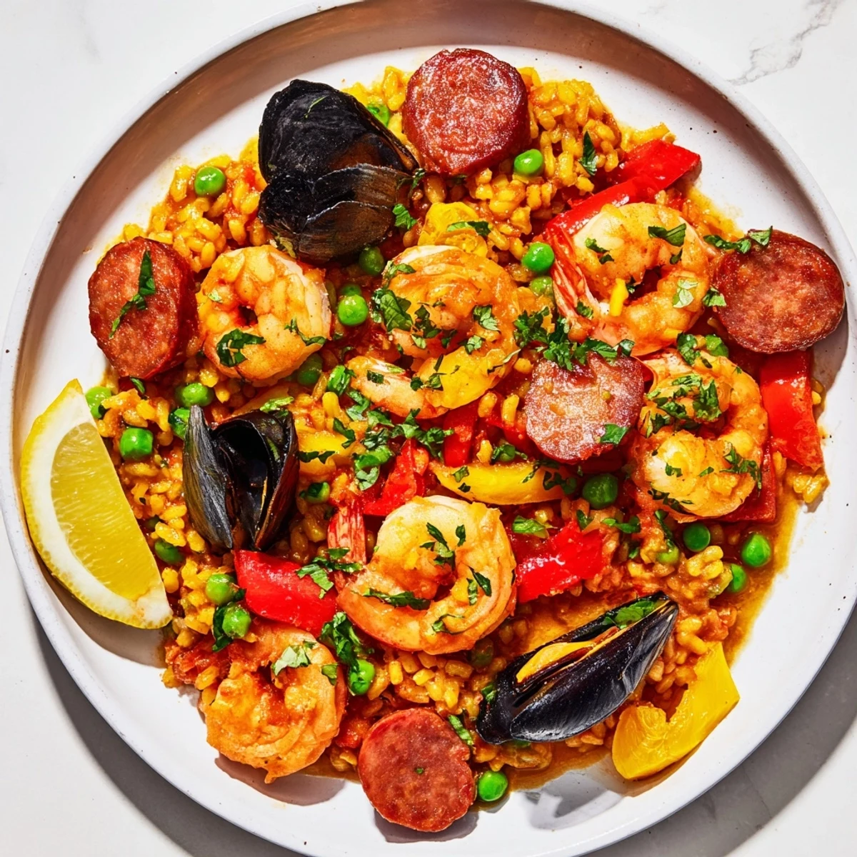 A steaming skillet of Paella Spanish Rice, boasting savory chorizo, colorful veggies, and fresh parsley.