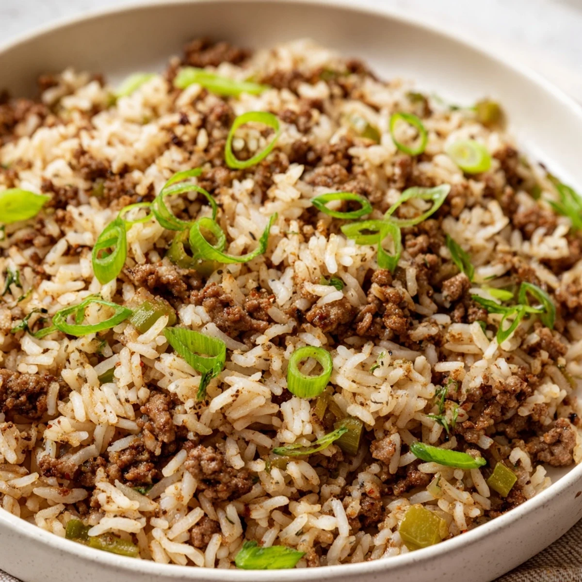 A steaming bowl of Cajun Dirty Rice, a flavorful Southern dish with savory meat and veggies.