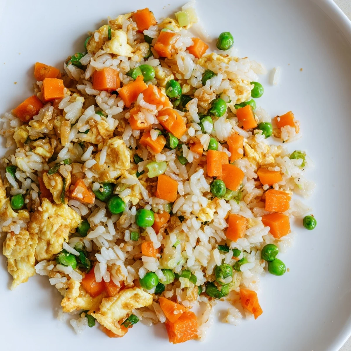 Fluffy Egg Fried Rice, a colorful stir-fry with bright peas and scrambled eggs.