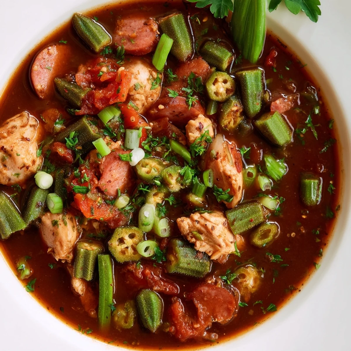 Steaming bowl of Gumbo Okra Soup, showcasing tender chicken, sausage, and okra in rich broth.