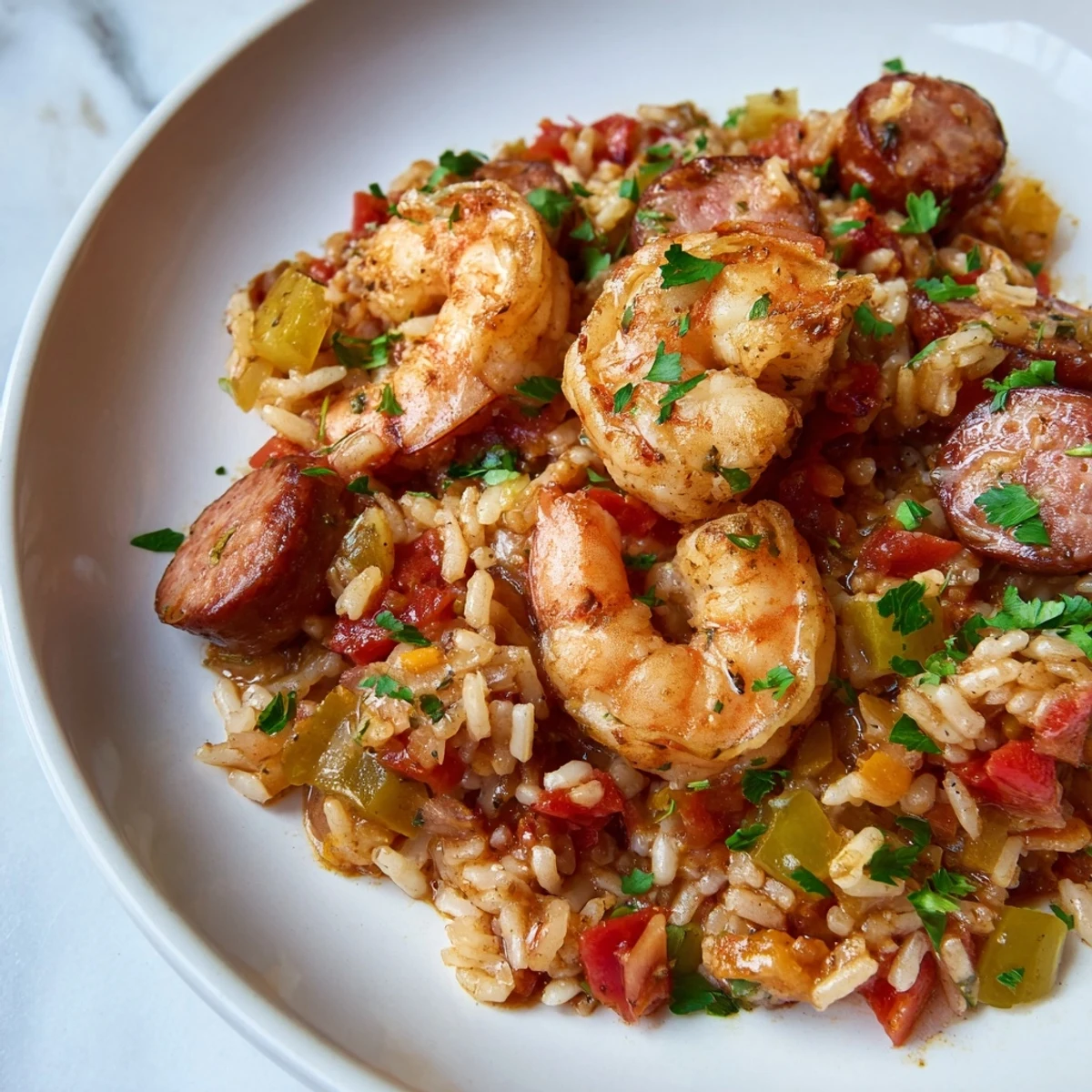 A close-up of a flavorful Jambalaya Skillet, with fluffy rice and perfectly cooked shrimp.