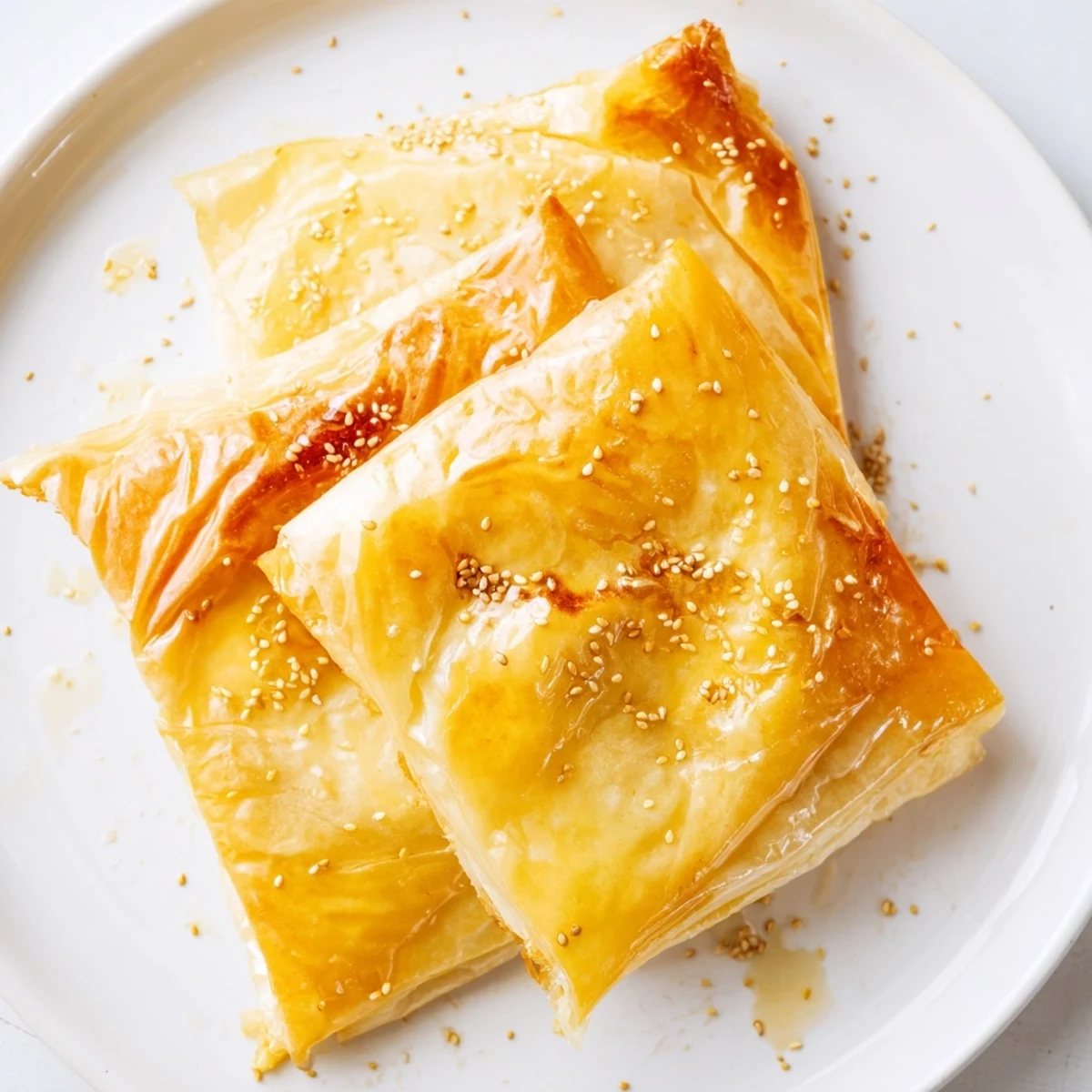 Flaky Moroccan Msemen pastry squares, golden-brown and glistening, ready to be drizzled with sweet honey.