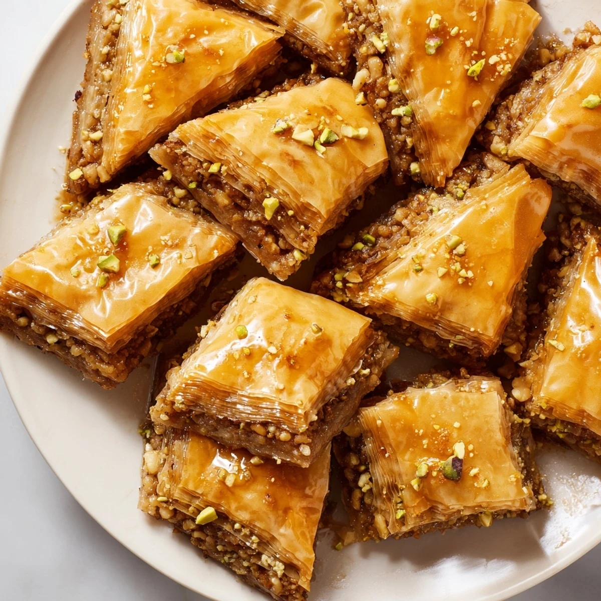 A close-up shot of baked Turkish Baklava, revealing the rich nut filling under layers of crisp phyllo.