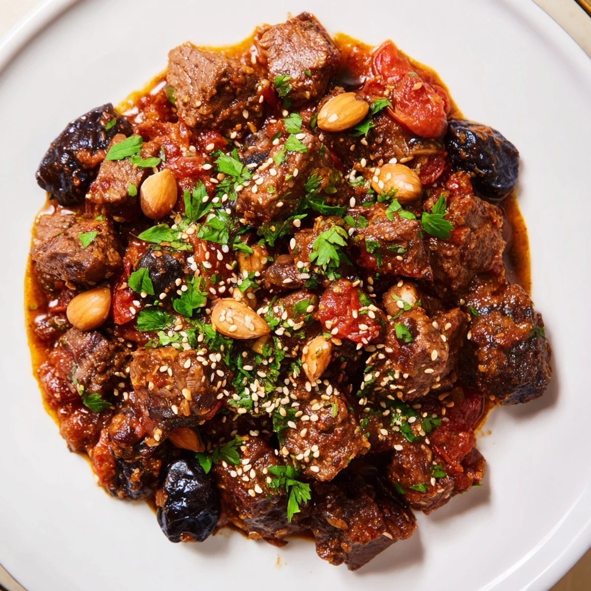 Tender Moroccan Lamb Tagine, rich with prunes and almonds, simmering gently in a flavorful sauce.