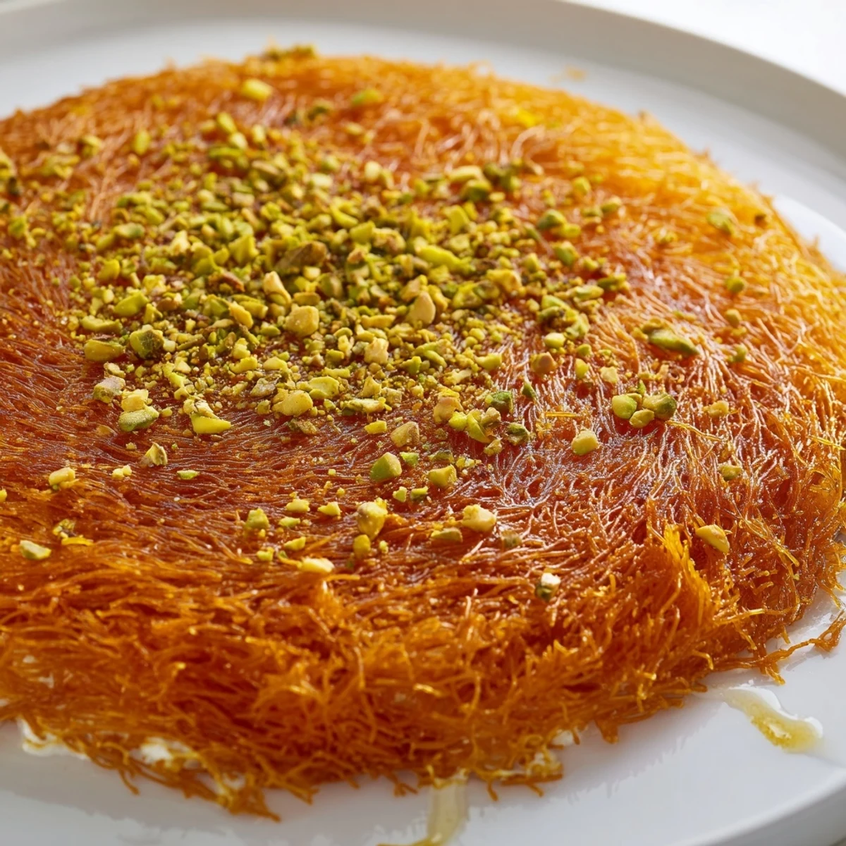 Golden and crispy Lebanese Knafeh, a decadent dessert, glistening with sweet syrup and pistachios.