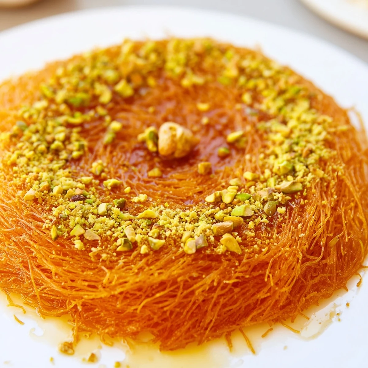 A close-up of warm Lebanese Knafeh showing the stretchy cheese filling and crunchy phyllo crust.