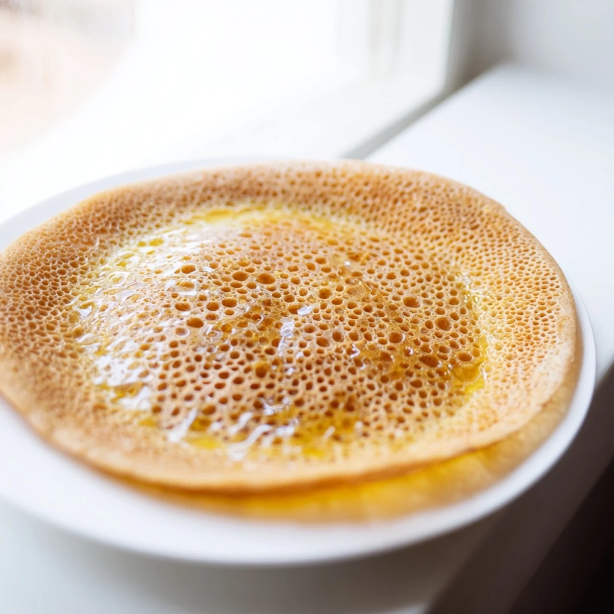 Golden, porous Moroccan Baghrir crepes are dripping with warm honey butter, a delightful breakfast treat.