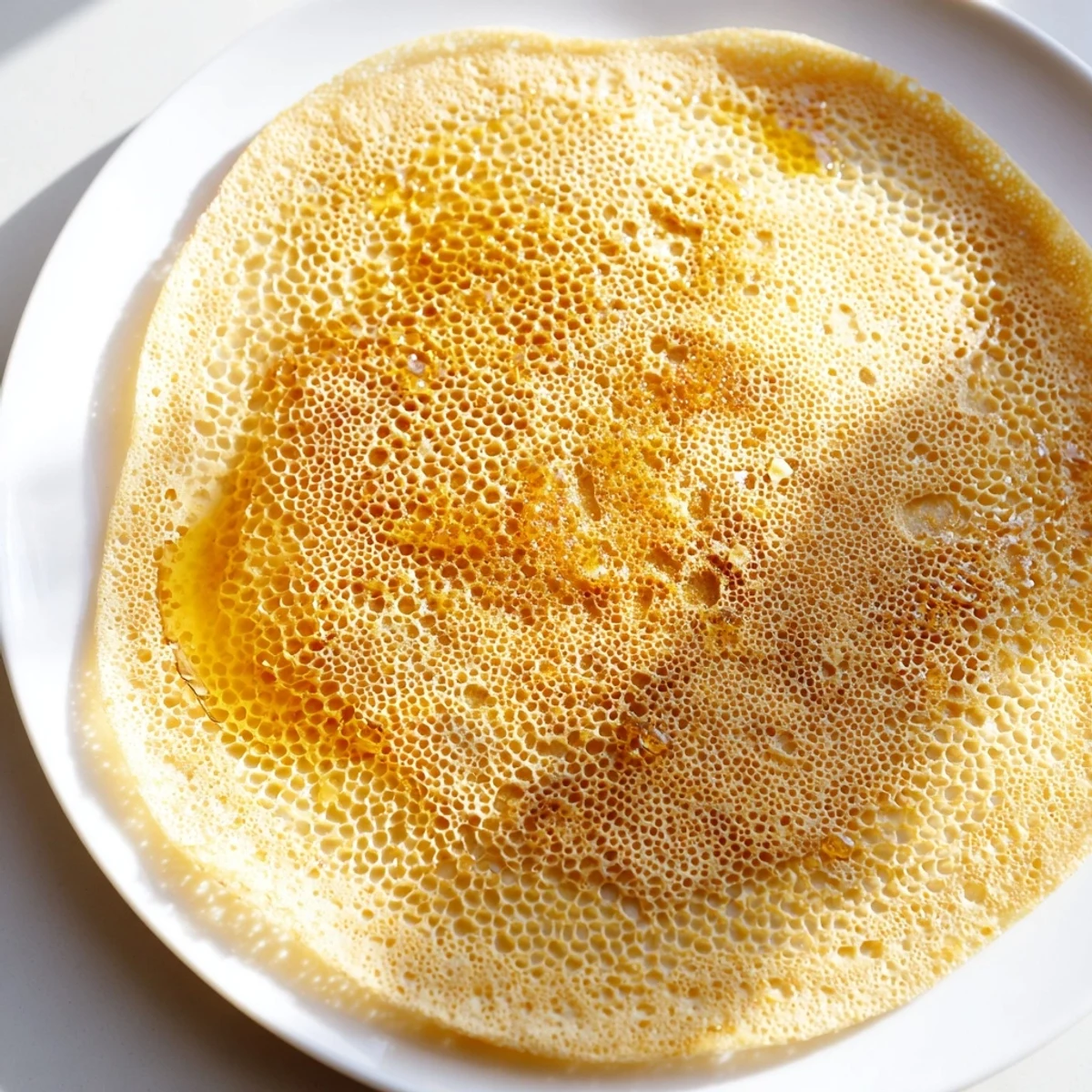Fluffy, bubbly Baghrir pancakes, cooked until dotted with holes, ready to be soaked in sweet honey.