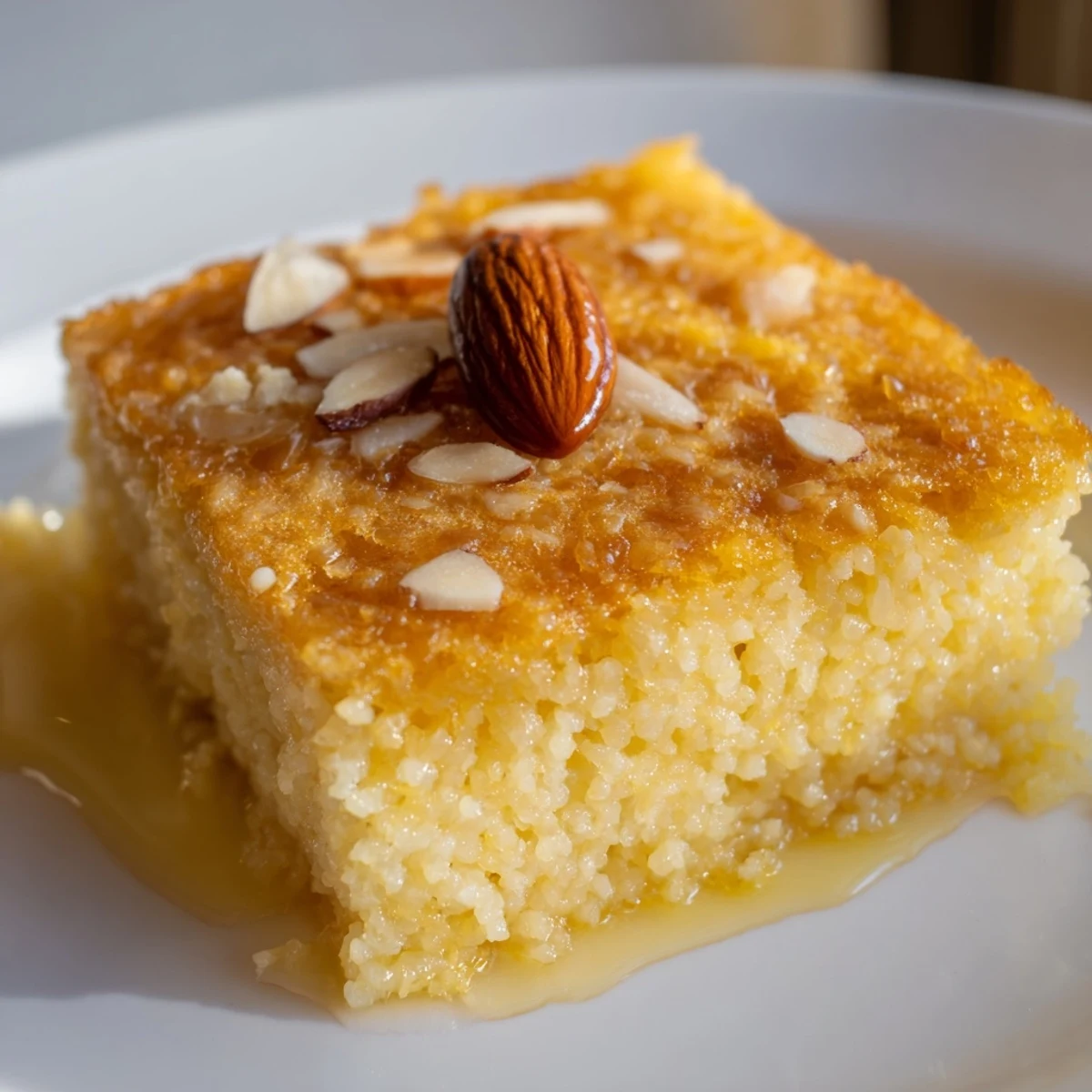 A close-up of a delightful Basbousa, showcasing its coconut flakes and syrup just soaking in.