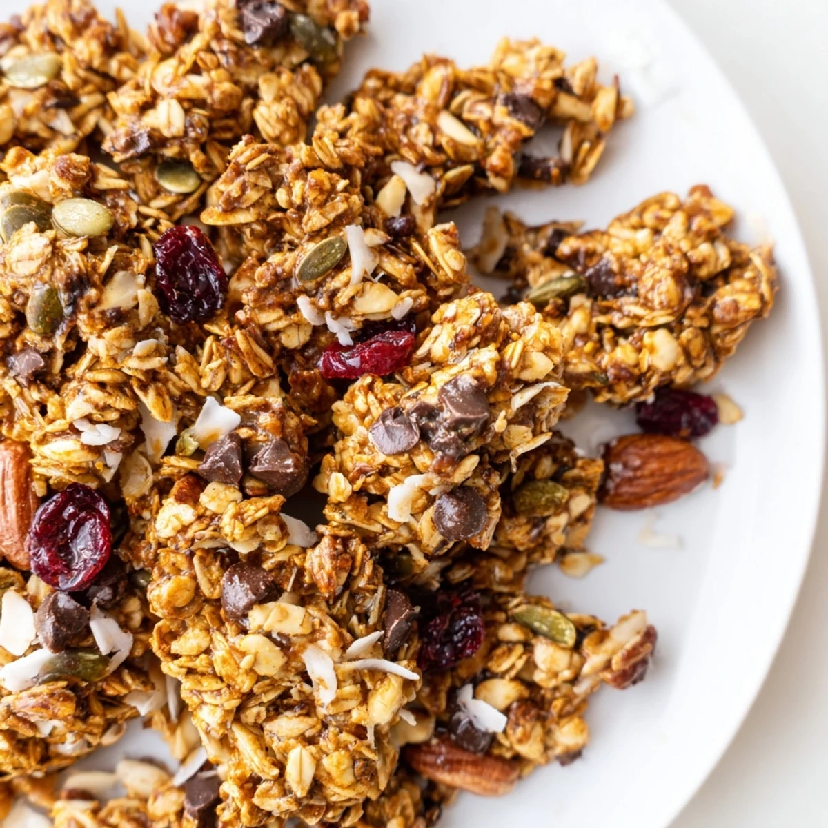 Freshly baked granola clusters sit on a cooling rack, golden brown and dotted with almonds, pecans, walnuts, and coconut flakes.
