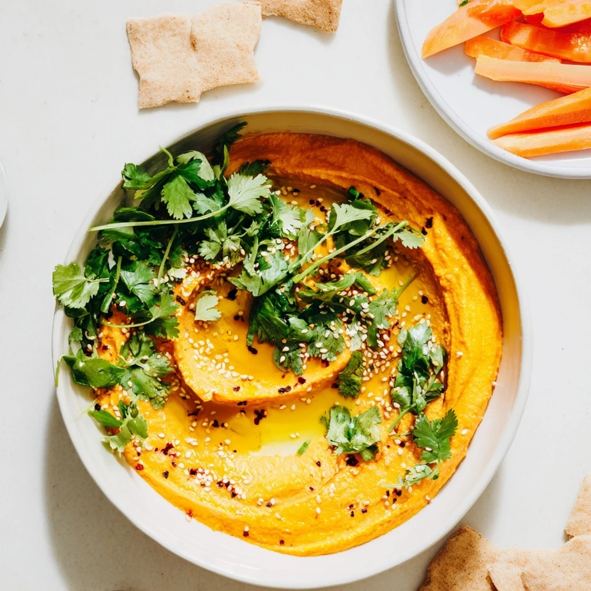 This appetizing photo shows the golden-orange Carrot Ginger Dip with a drizzle of olive oil and fresh herbs on top.