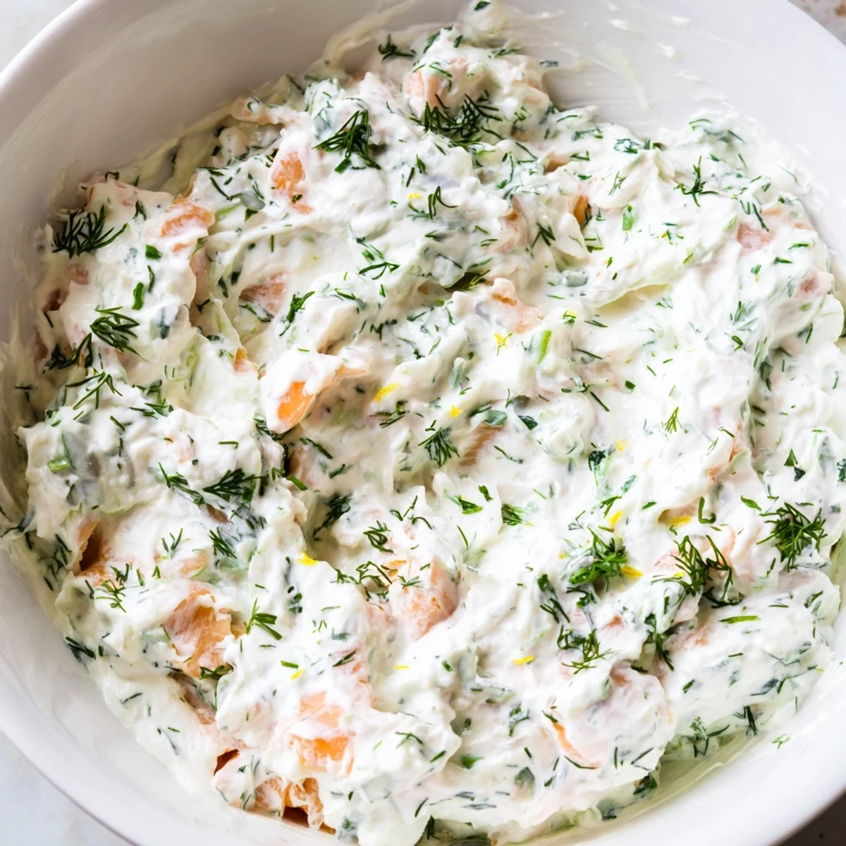 A close-up of creamy smoked salmon dip topped with fresh dill and lemon wedges, served in a rustic bowl.  
