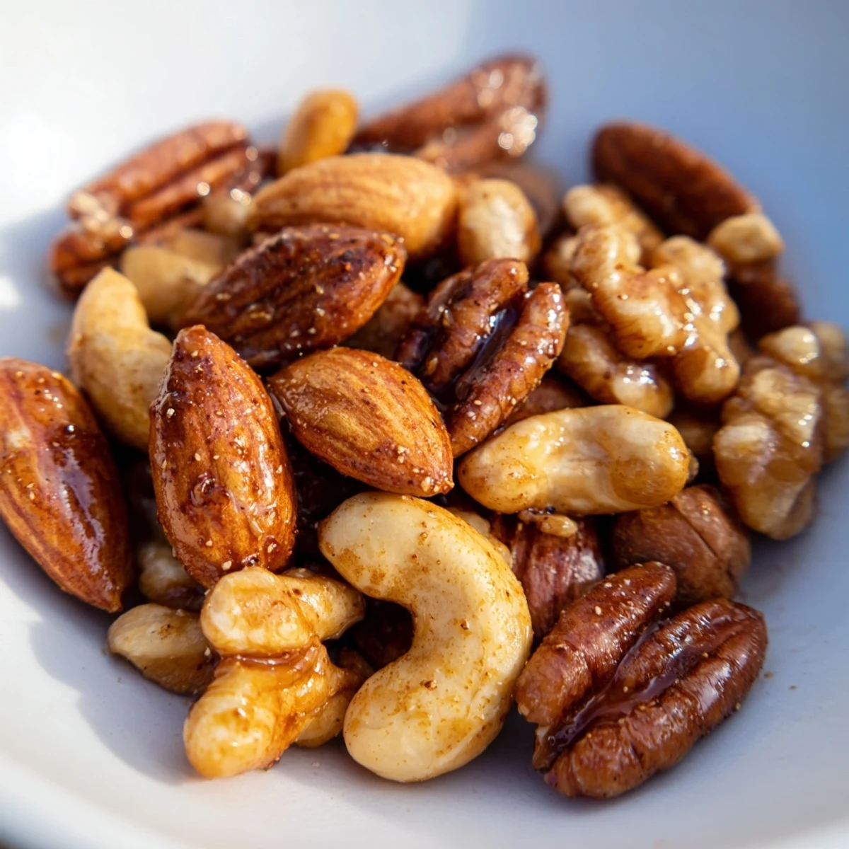 Roasted Spiced Nuts Mix glistening with honey, cumin, and smoked paprika on a baking sheet, served as a warm snack.