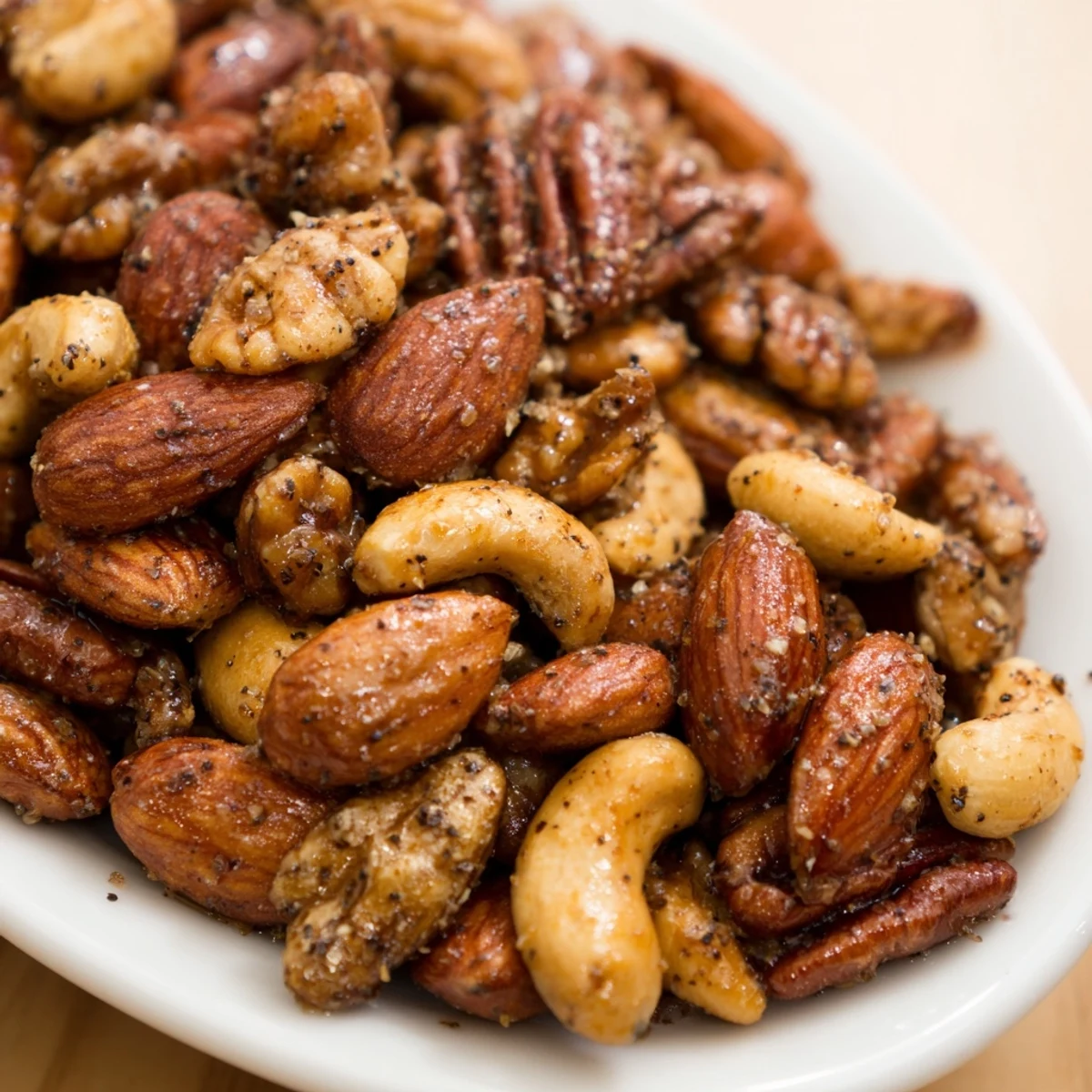 Golden-brown Spiced Nuts Mix clusters with pecans, almonds, and walnuts, lightly dusted with cinnamon and cayenne on a wooden board.
