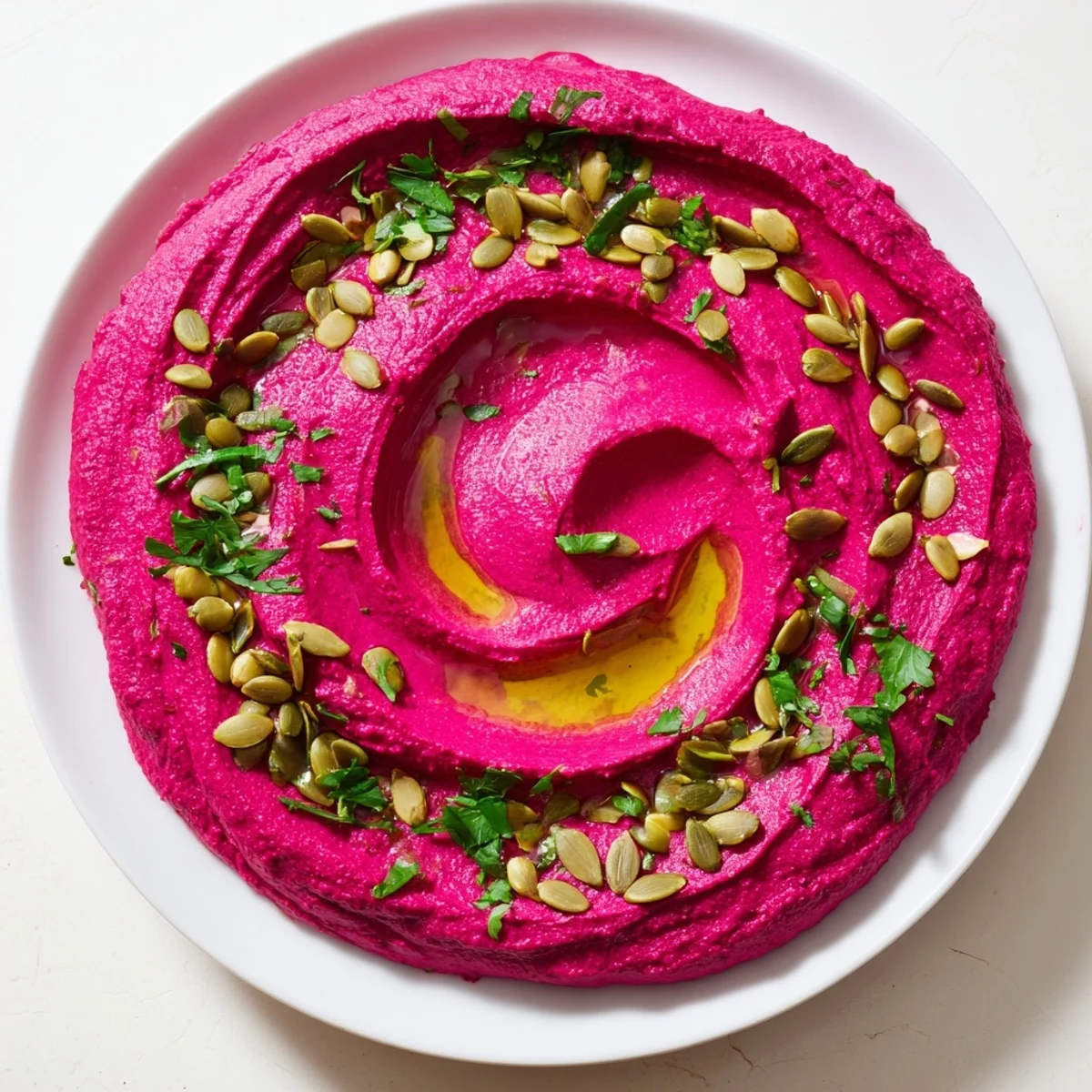 Creamy beet hummus with a vibrant pink hue, topped with olive oil, toasted pumpkin seeds, and fresh parsley served with pita.  